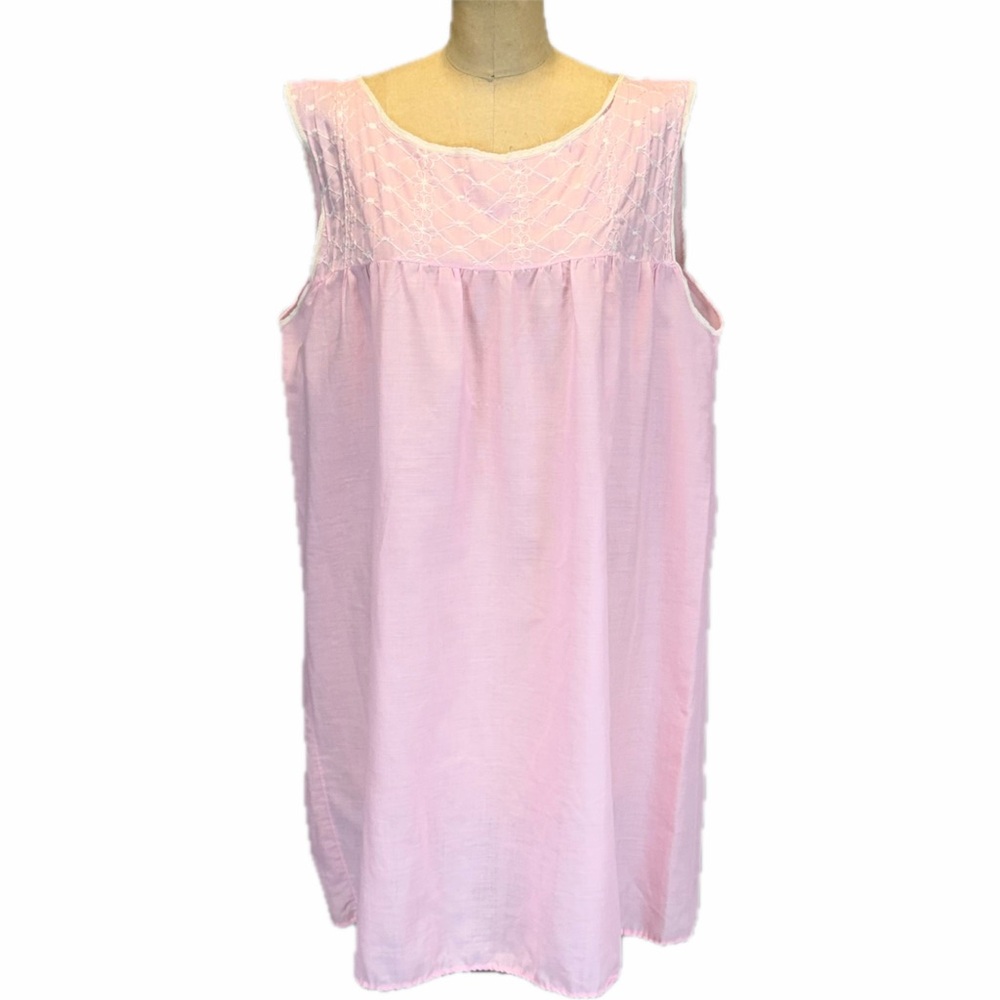 VINTAGE embroidered cotton nightgown shift midi pink floral‎ sleeveless lace 60s - Picture 3 of 12